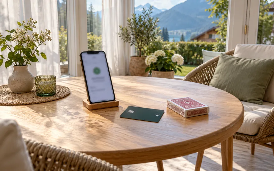 Apple Pay im Casino: Erwachsener vergleicht Kartenbeleg und Wallet neben Spielchips