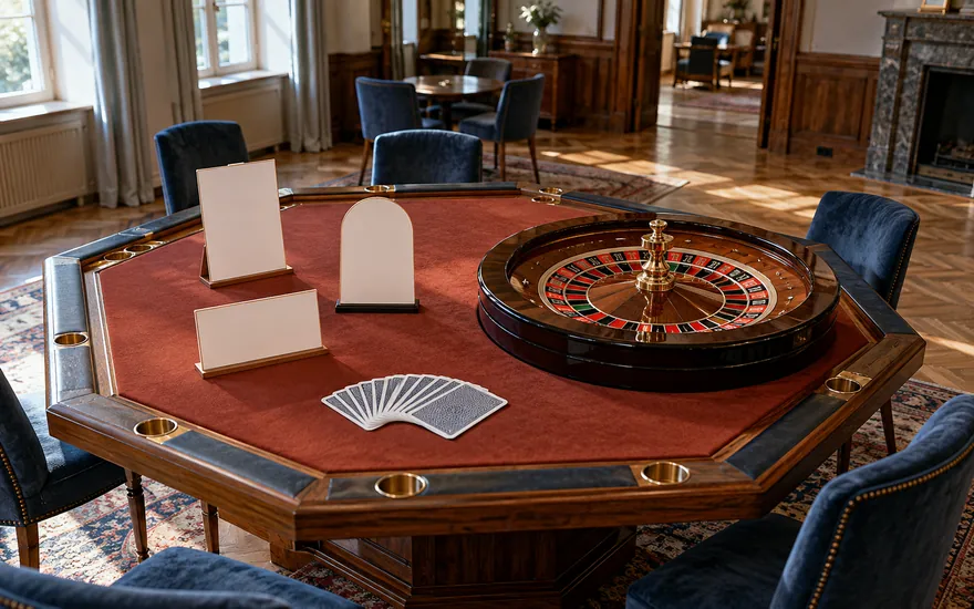 Beste Online Casinos Österreich: Erwachsener ordnet Vergleichskarten neben einem Roulettekessel