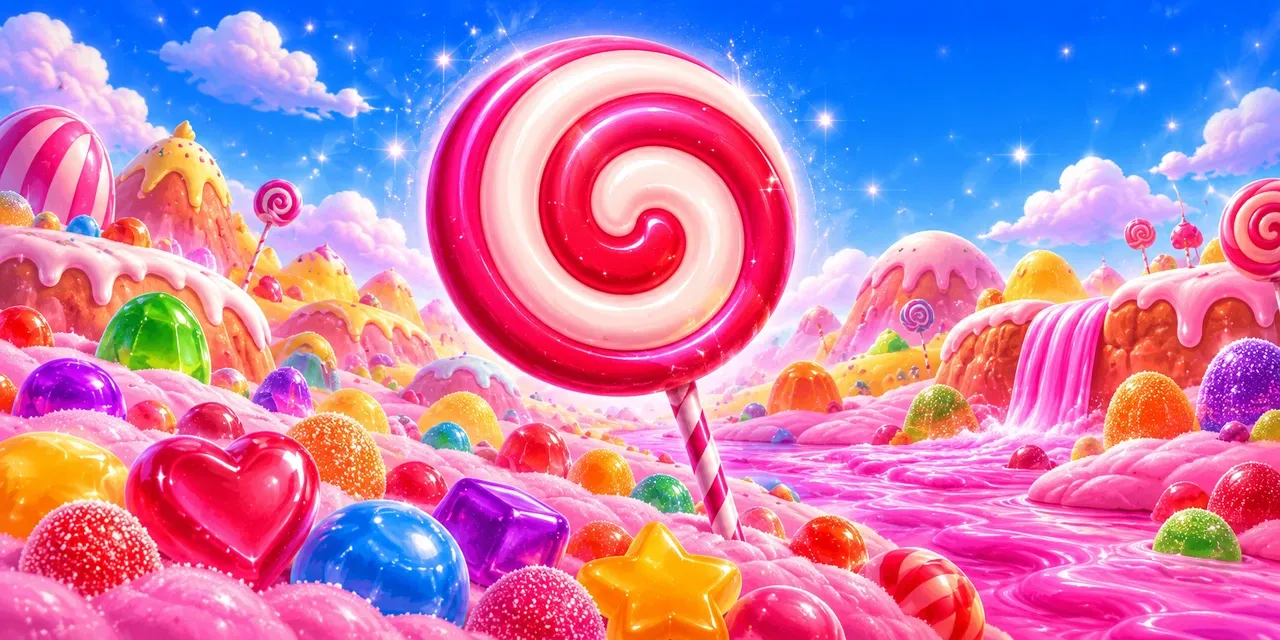 Originelle Casino-Spielillustration mit rosa Spiral-Lollipop, bunten Bonbons und blauem Himmel