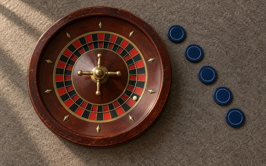 Casino mit 5 Euro Einzahlung einordnen: vollständiges kleines Rouletterad und fünf getrennte Spielchips.