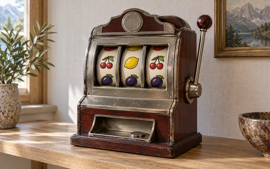 Casino mit 1 Euro Einzahlung vergleichen: vollständiger kleiner Spielautomat mit neutralem Metalljeton.