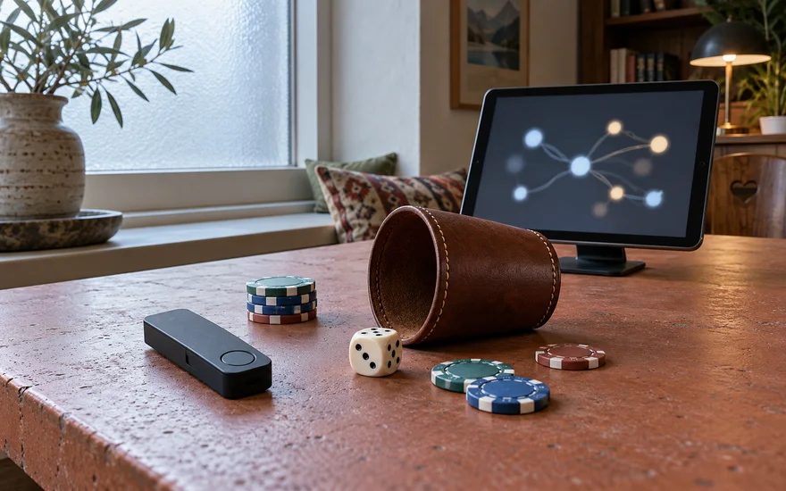 USDT Casino als Vergleichsthema: Hardware-Wallet neben Würfelbecher und Casinochips vor einem unscharfen Tablet.