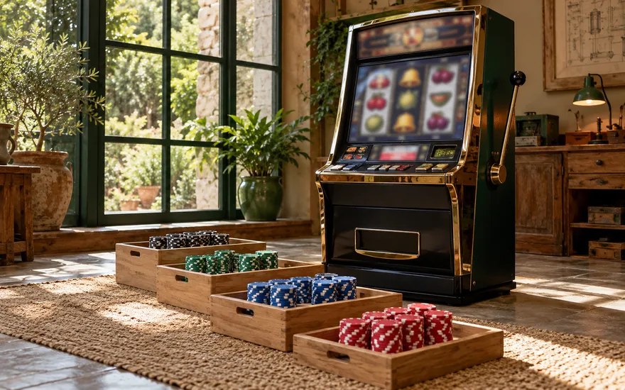 888 Casino Freispiele: vier Chipstapel vor einem Spielautomaten stehen für gestaffelte Freigaben