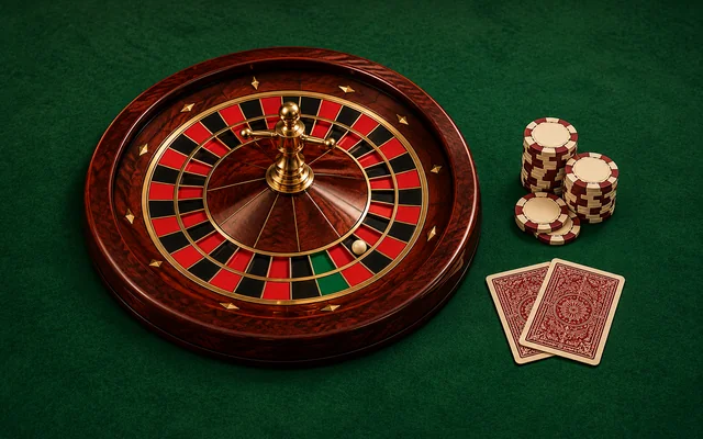 Live Casino verstehen: illustrierte vollständige Roulette mit verdeckten Karten und Spielchips