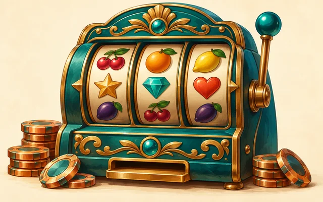 Slots verstehen: illustrierter türkisfarbener Spielautomat mit Fruchtsymbolen und Spielchips