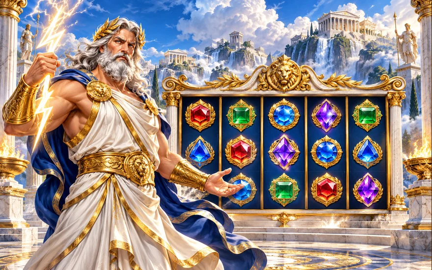 Casino-Spiele verstehen: Zeus mit Blitz vor goldenen Slot-Walzen und bunten Edelsteinsymbolen